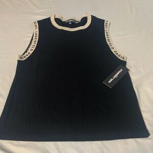 New with Tag Karl Lagerfeld Black Ribbed Sleeveless Tank with Cream Trim size XL